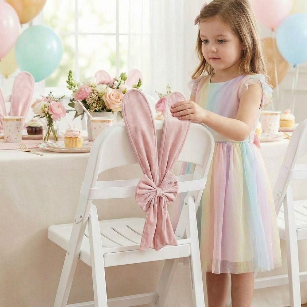 Elastic Straps Bunny Ear Slipcover Festive Removable Rabbit Ears Chair Back Cover Comfortable Pink Dining Chair Protector Bar