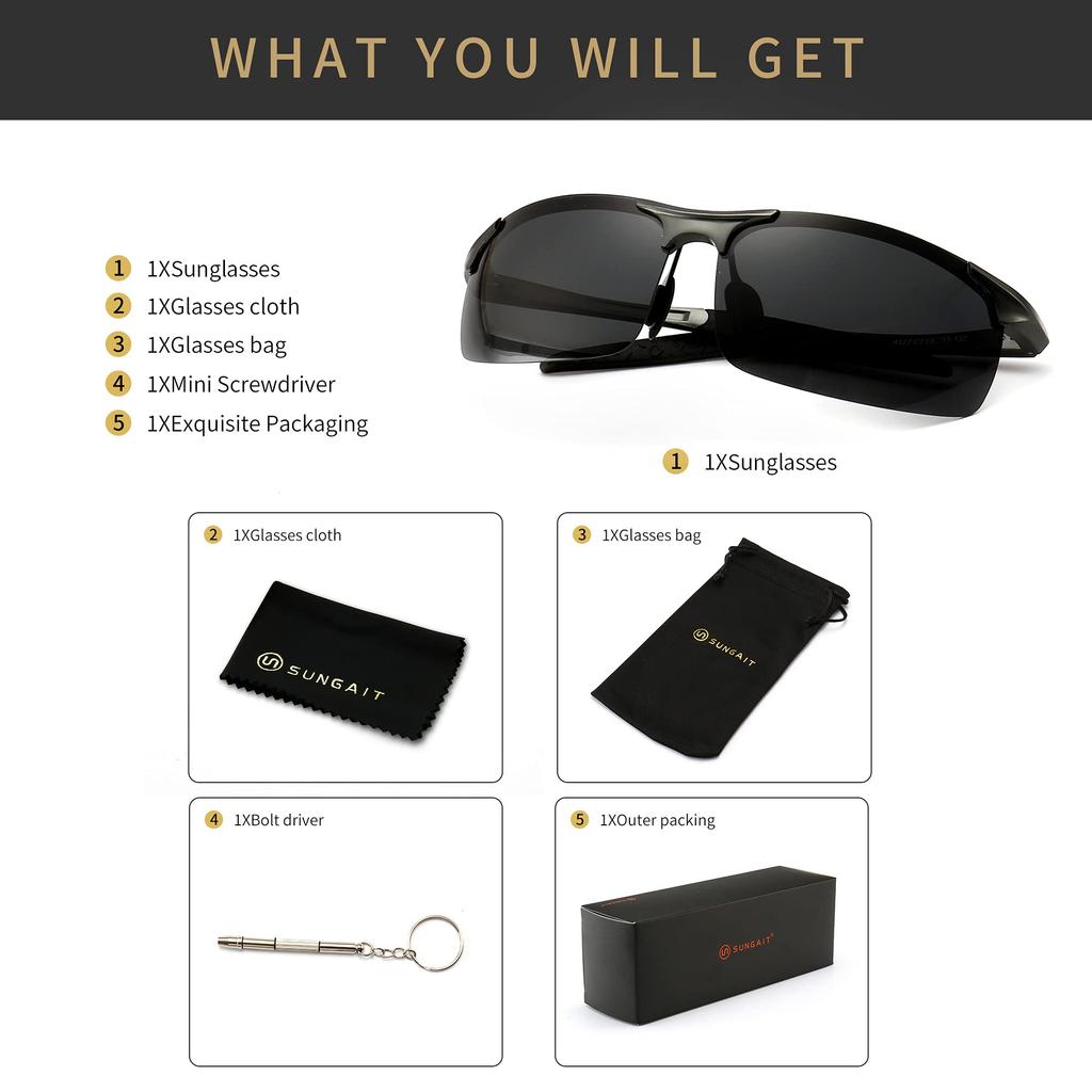 HD Polarized Sunglasses for Running Metal UV400 Gray SGT177QKH JP [SUNGAIT] Men's Driving, Fishing, Cycling, - Frame, (Gunmetal Frame, Lens)