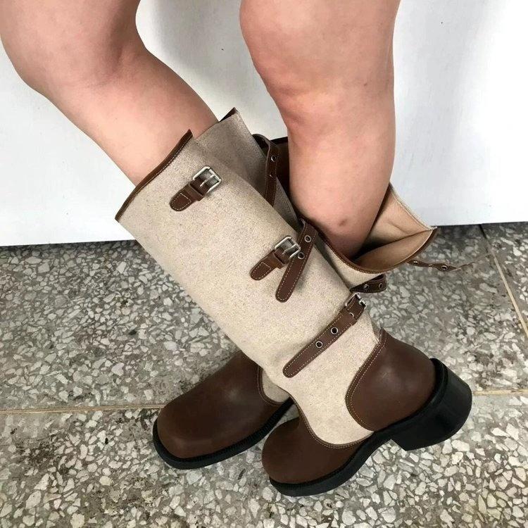 Women's flip cowboy boots Western wide retro boots Belt buckles Pile knight boots Fold thick heel splicing Wear two without