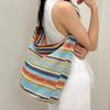 Koreanische Mode Schultertasche, Damen Regenbogen Gestreift Color-blocked Gewebte Eimer Tasche Lederriemen Handtasche Große Tragetasche Für Reisen