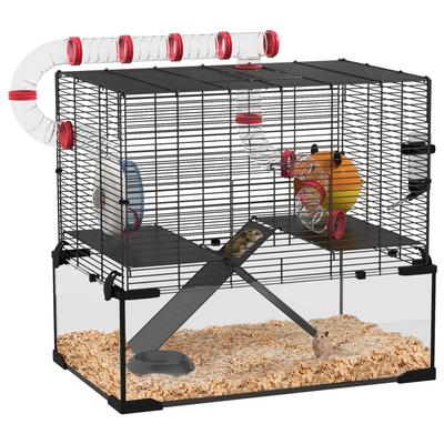 Gerbil Cage Dwarf Hamster Cage, with Deep Glass Bottom, Tunnels, Hut, Exercise Wheel, 60 X 40 X 57cm