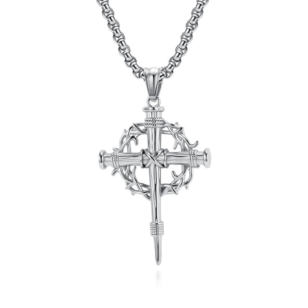 Thorn Garland Titanium Steel Cross Necklace Men s Niche Trend Design Literary and Retro Pendant 60CM