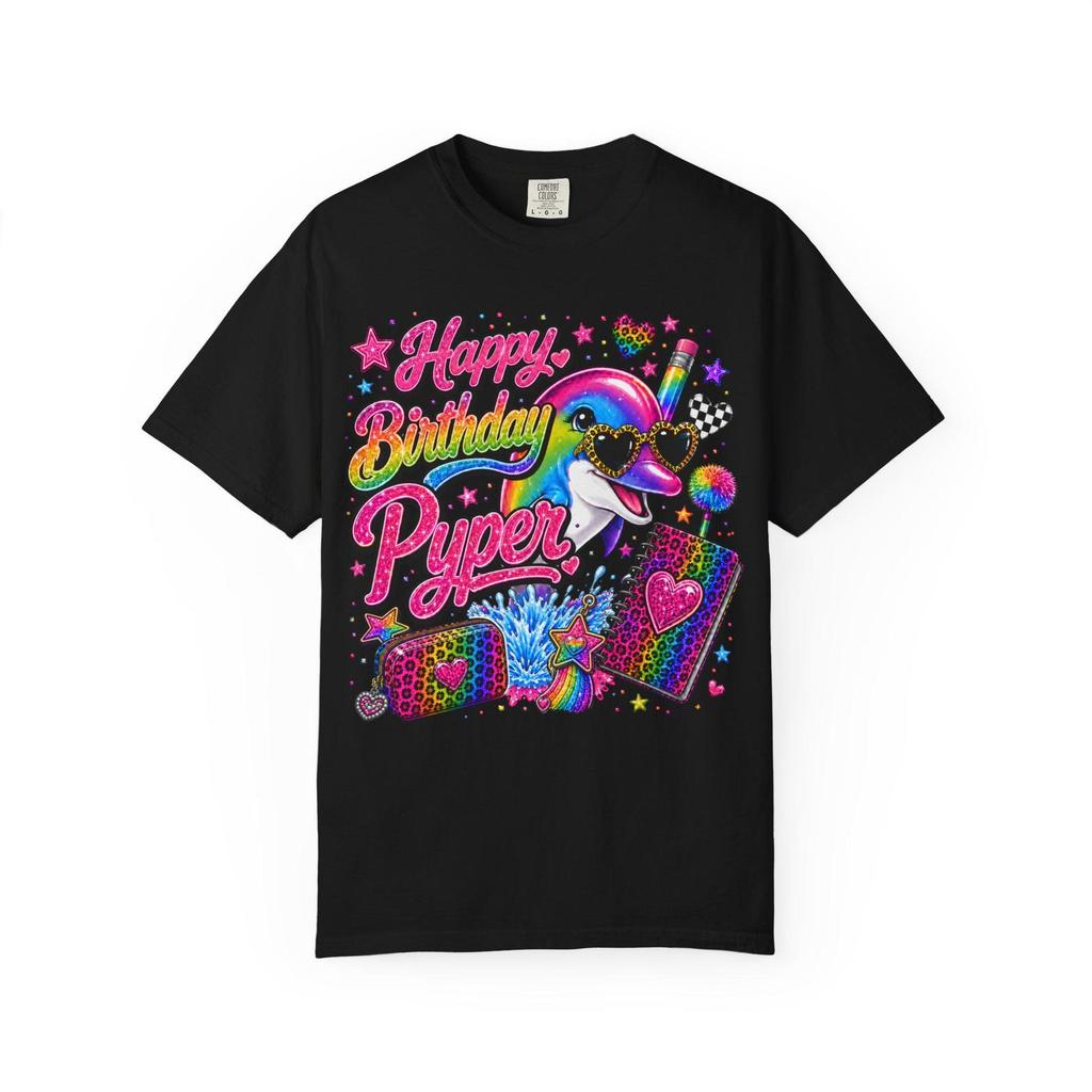 Happy Birthday Piper T-Shirt and kids tshirt | Colorful Retro Dolphin, Rainbow Hearts