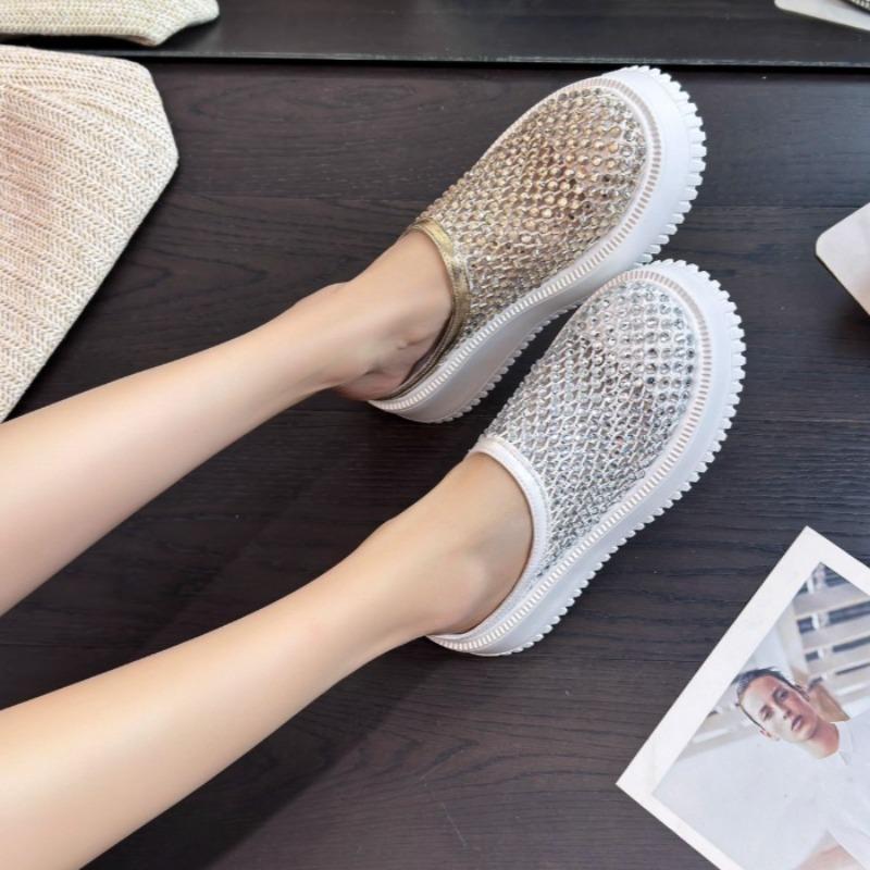 Fashion New Summer Baotou Flat Shoes Women's Fashion Round Toe Shallow Mouth Rhinestone Mesh Breathable Platform Sandals and Slippers