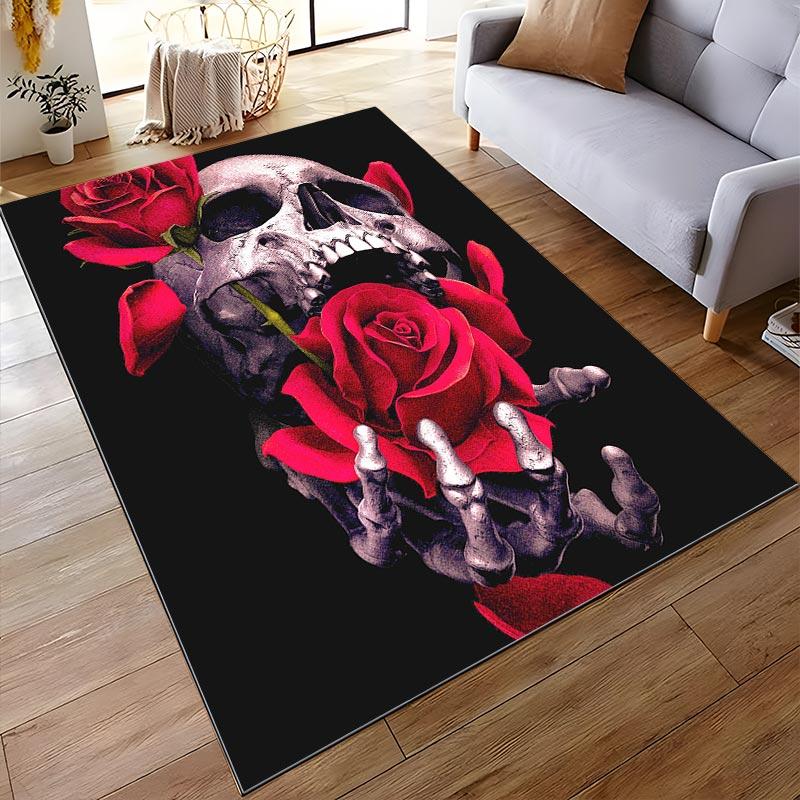 Gothic Skull and Red Roses Print Carpet with Black Background Suitable for use as an anti-slip for living room bedroom sofas