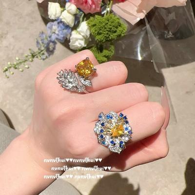 Canary Tourmaline Iris Gemstone Ring, Rich Woman'S Happiness, Plated With 18K Gold, Twilight Wheat Ear Zircon Ring.
