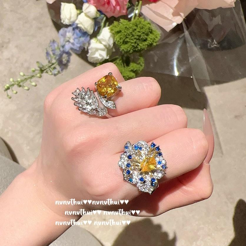 Canary Tourmaline Iris Gemstone Ring, Rich Woman'S Happiness, Plated With 18K Gold, Twilight Wheat Ear Zircon Ring.