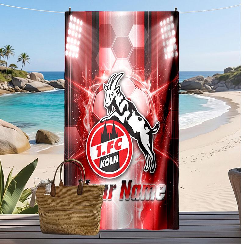 Asciugamano da Spiaggia Personalizzato Stampato FC Köln Logo Calcio Supporto Nome Personalizzato Testo Asciugamano Assorbente Per Sport Viaggio Regalo Speciale