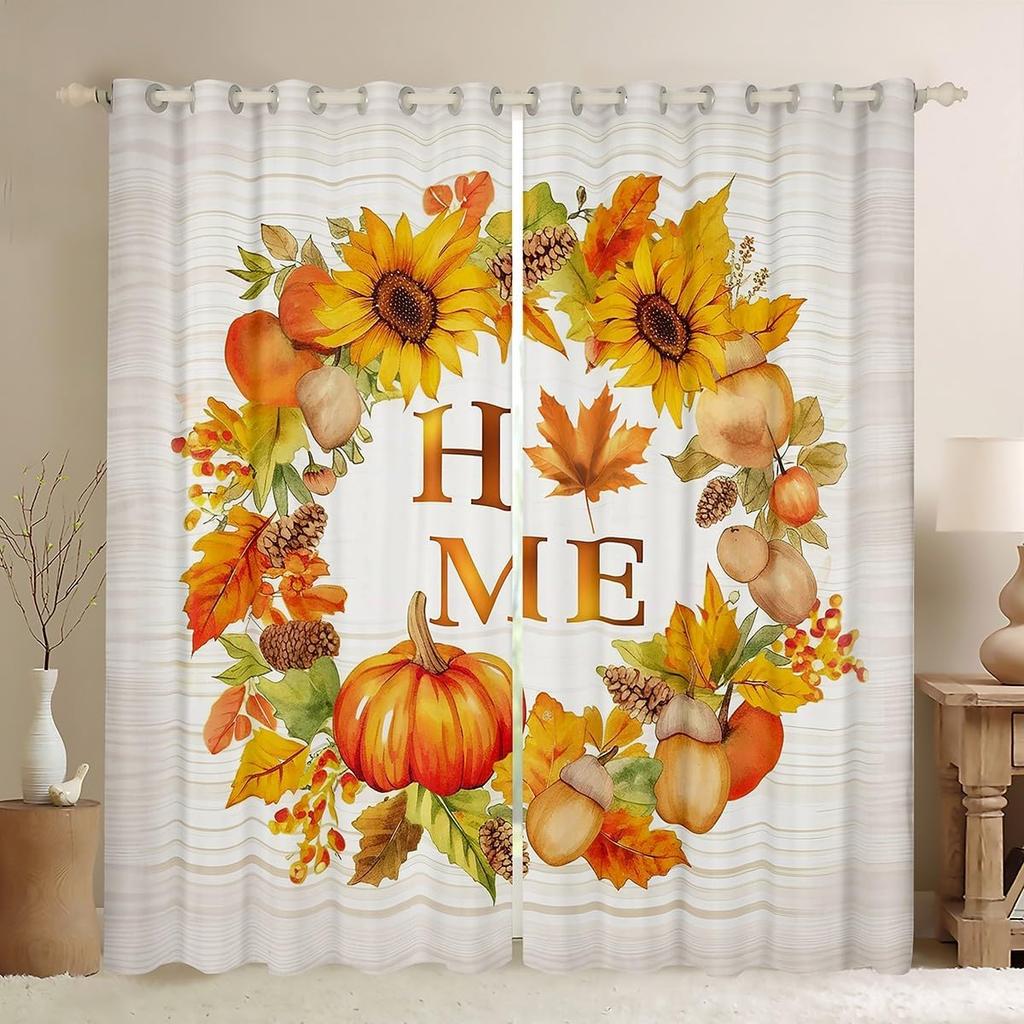 Herbst Kürbis Gardinen Vorhänge Halloween Thema Vorhänge Schlafzimmer Wohnzimmer Ahornblätter Festival Fensterdekorationen Polyester Waschbar Sitzfertig