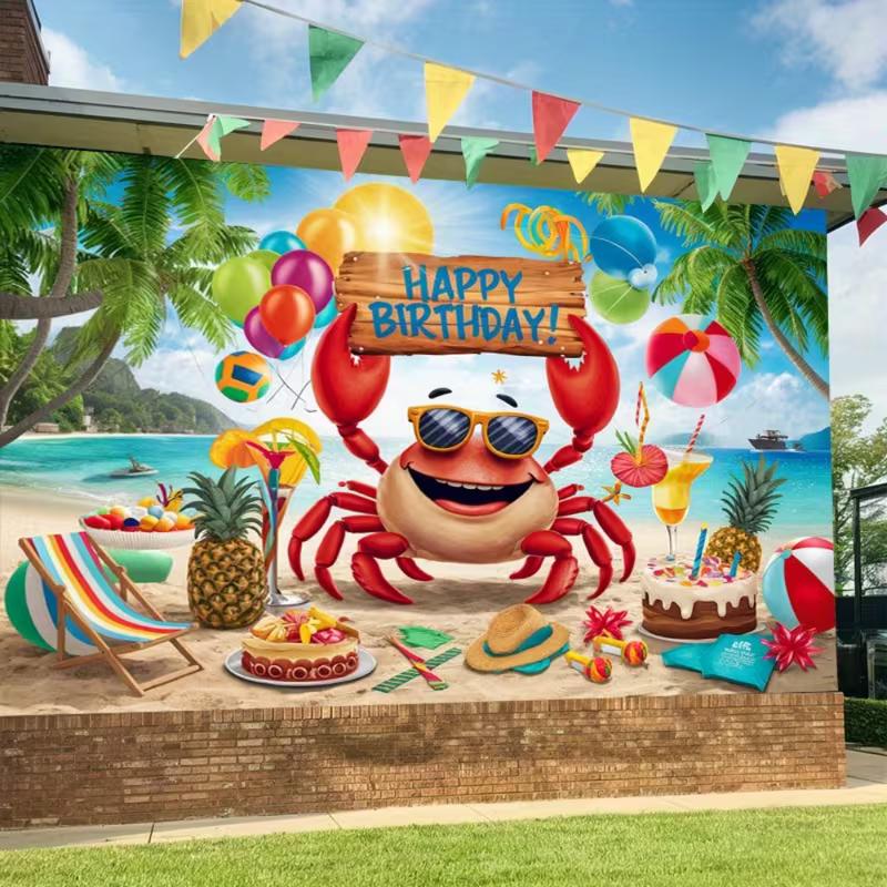 Fun Summer Beach Birthday Tapestry, Smiling Crab with Sunglasses and Beach Party Elements, Playful Kids' Wall Art