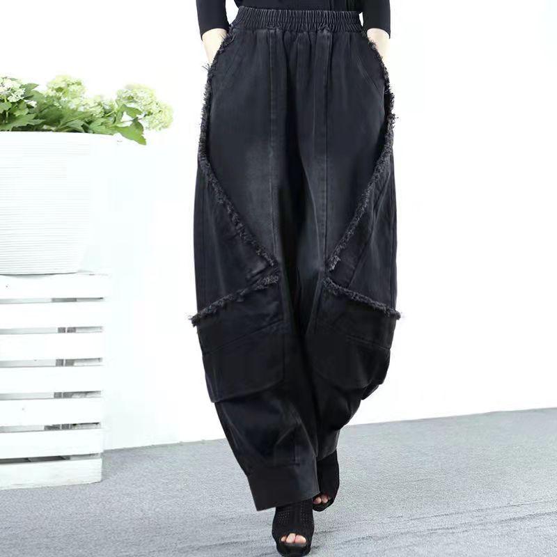 Jeans Noirs à Jambes Larges Pantalons Harlan Amples Mode Décontractée Longueur Totale Taille Haute Imprimé Patchwork Poches Jeans Vêtements pour Femmes Printemps