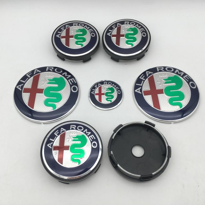KUBEL1 7pcs forAlfa Romeo Car Emblem Wheel Cover Caps Front Hood Badge Rear Trunk Steering Sticker Styling 2x74mm 4x60mm Cap 1x40mm