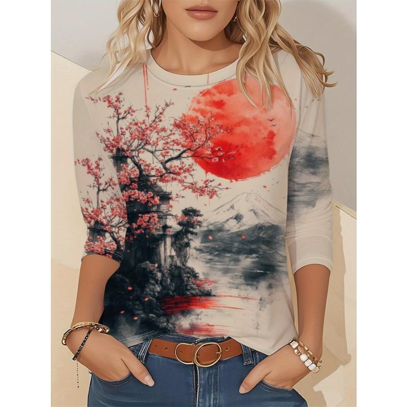 Artistic Landscape Painting Pattern, Slim Fit, Casual Round Neck, Long Sleeves, Everyday Creative Oil Painting Design Pattern.