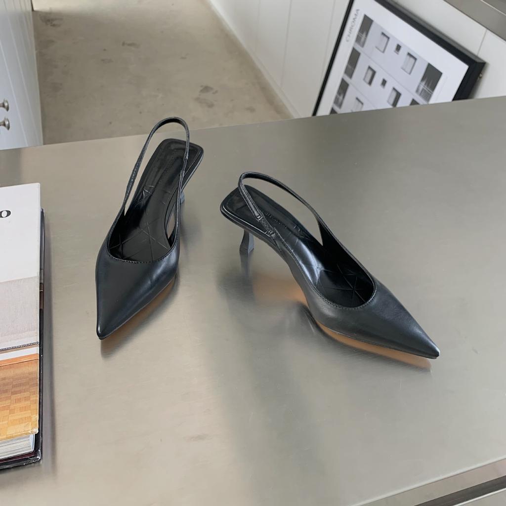 Spring and Summer New Solid Color Pointed Head Thin Heel Middle Heel Sandals Fairy Fairy with Skirt Empty Bag Head High Heel Single Shoes