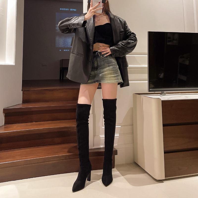 2025 New Fall Winter Over The Knee Boots Women's Pointed Toe Suede Sleeve Non-Slip Plus Suede Warm Heeled Fashion Boots