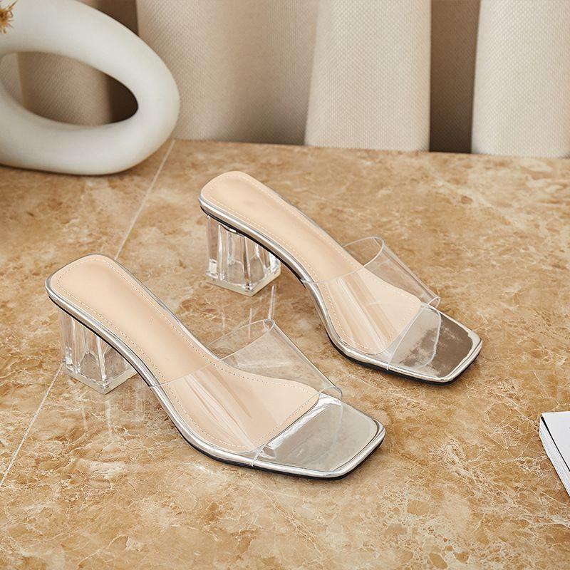 Transparent Slippers Women's Summer Wear High Heels Women's 2025 New Square Head Silver One-word Crystal Fashion Sandals Thick Heel