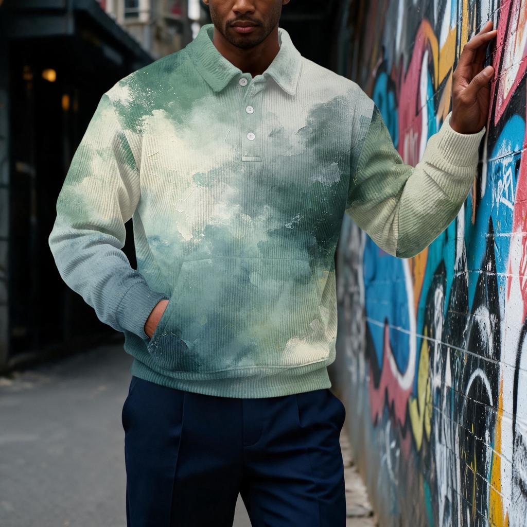 Men's Retro Corduroy Long Sleeve Printed Button-Front Top with Collar and Pocket Casual Shirt