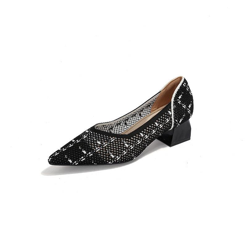 Spring and summer hollow flying knitting breathable knitting women's shoes pointed thick heel medium heel single shoes