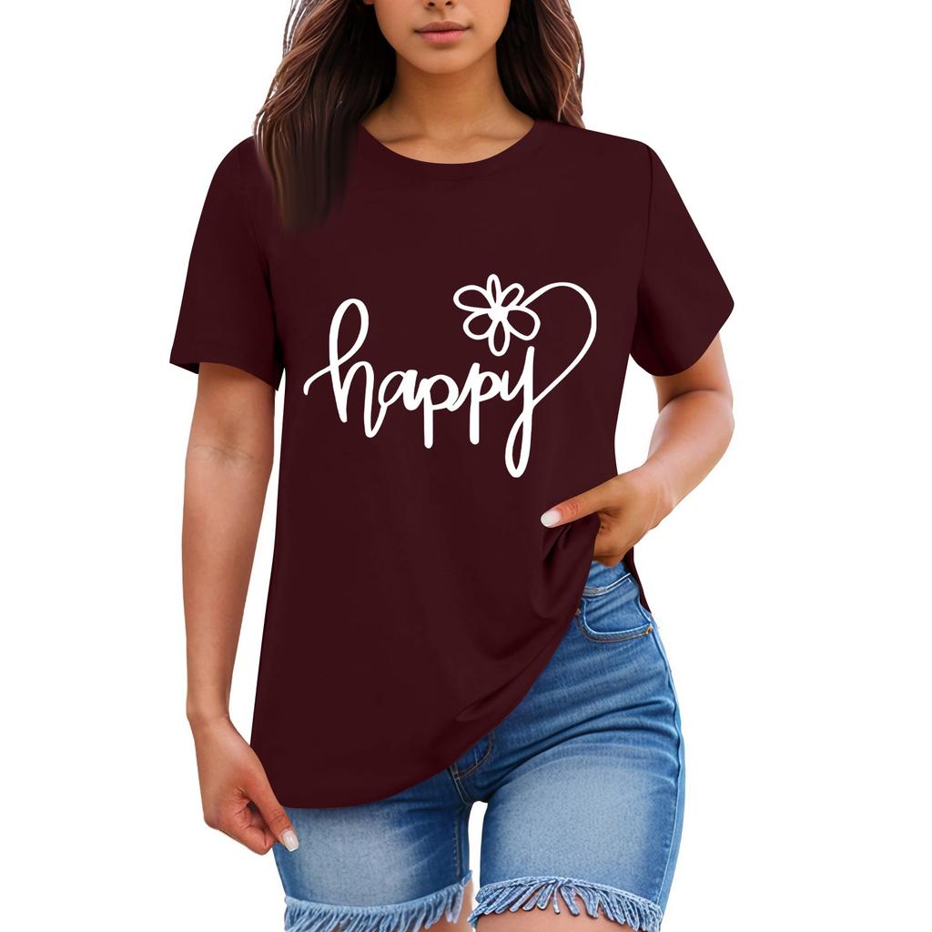 Ladies' Loose Comfortable Casual Fashionable “Happy”Character Printed Round Neck Short Sleeved Shirt
