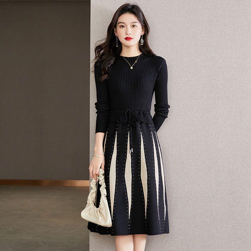 

Вязаное платье для женщин на осень и зиму, с круглым вырезом, длинными рукавами, вязаный свитер, цветное, средней длины S чёрный