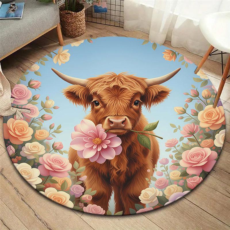 Cuteflowersanimals Round Area Rug,Carpet Rug for Living Room Bedroom Sofa Playroom Decor,Non Slip Floor Mat