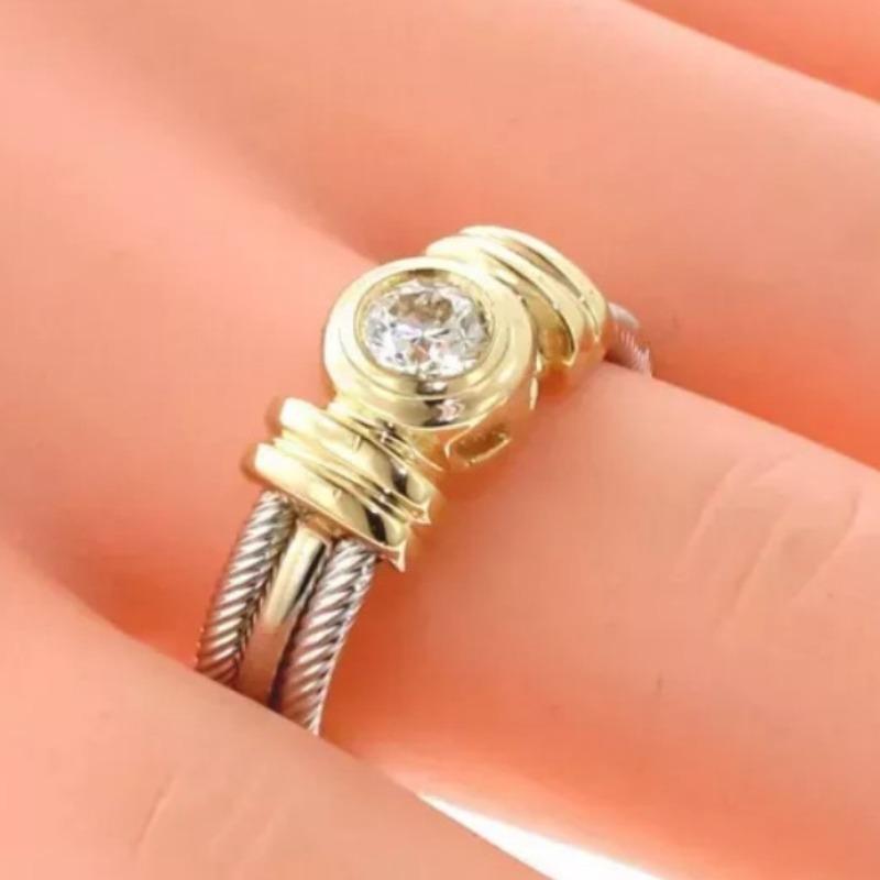 Vintage Inlaid White CZ Women's Ring Ethnic Two Color Hand Carving Daily Wear Party Jewelry Anniversary Gift