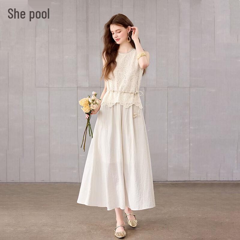 Women s 2026 Summer Lace Top & Skirt Two-Piece Casual Set M бежевый