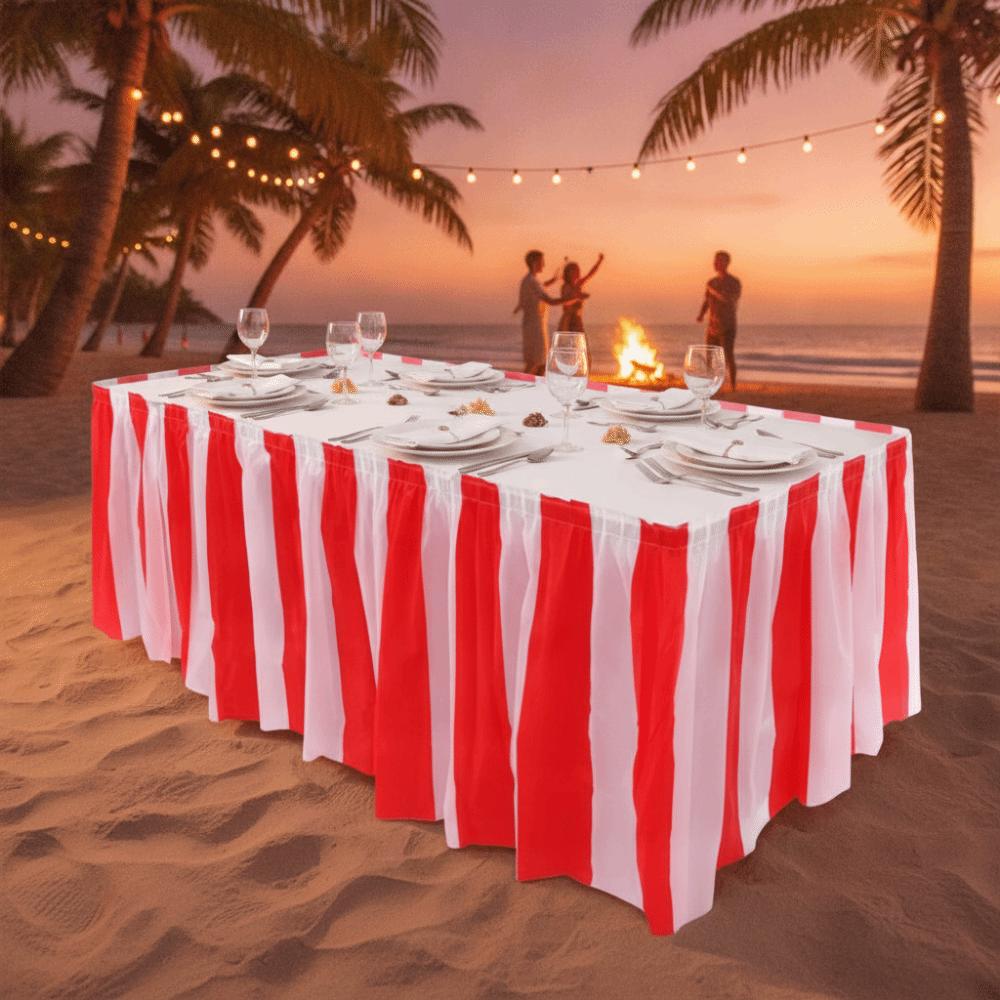 Elastic Red and White Striped Table Skirt Set Waterproof Table Cover Carnival Party