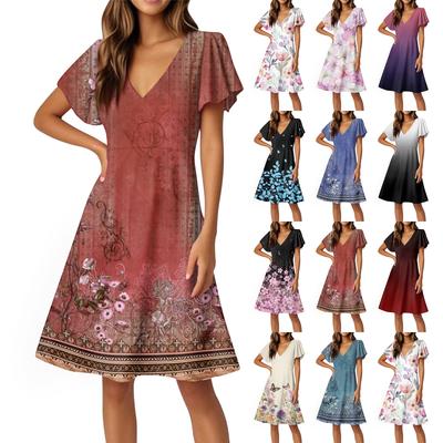 Damenkleid mit ausgestellten Ärmeln, kurzen Ärmeln, lässig, Blumenmuster, V-Ausschnitt
