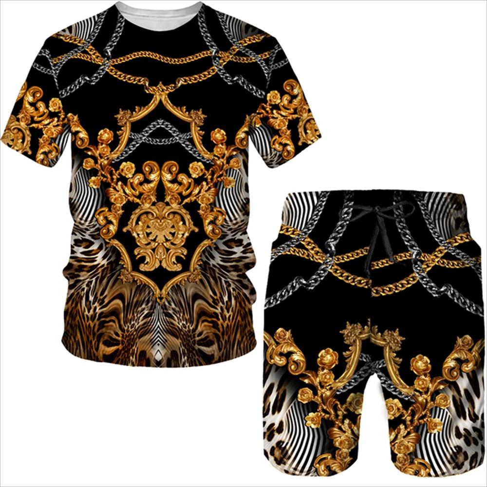 Summer 3D Printed T-shirt Shorts 2-Piece Set Casual Luxury Vintage Gold Pattern Men's Sports Suit 2024 Street Fashion Men's C