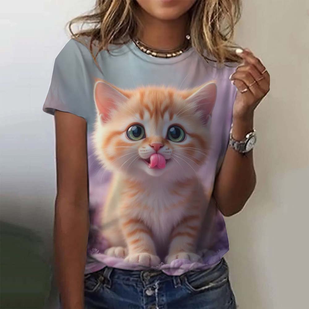3D Print T Shirt Summer Street Cat Cartoon Tees Fashionable Tee Minimalist Pattern Women's T Shirt Round Neck Short Sleeved Top