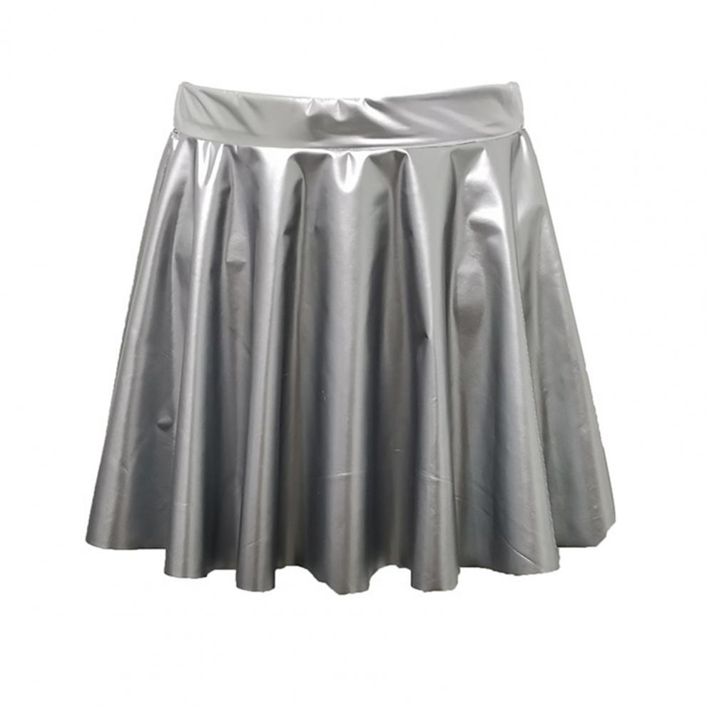 Women Mini Skirt High Waist Mirror Glossy Surface Short Skirt Faux Leather Solid Color Performance Skater Skirt