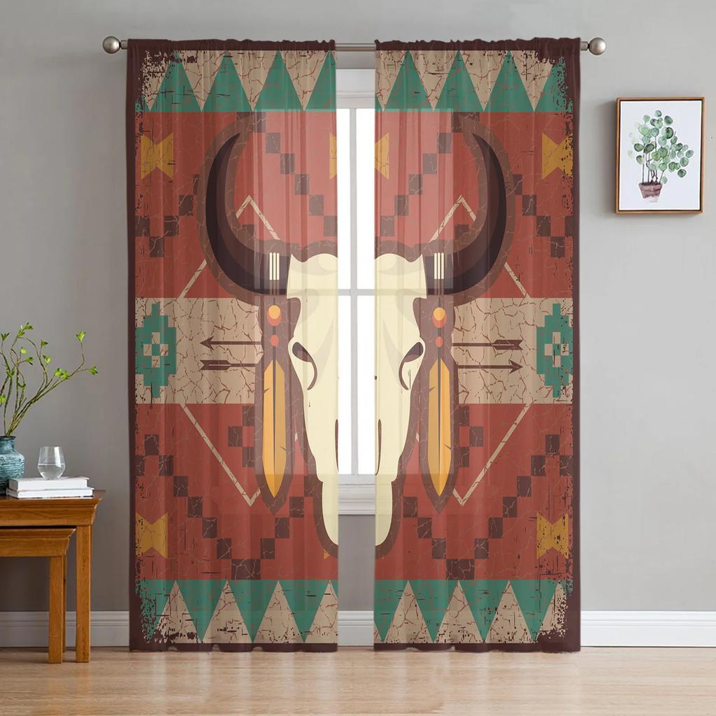 Summer Cactus Cow Skull Retro Chiffon Curtains Living Room Bedroom Home Decoration Window Voiles Tulle Curtain Sheer Made Of Polyester Area Decor