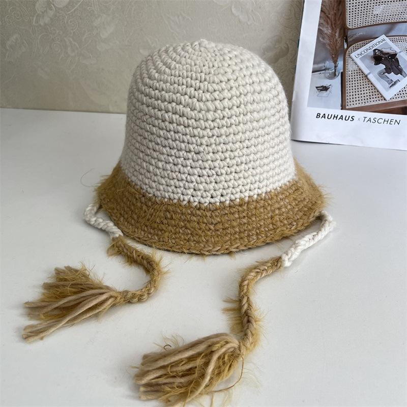 Winter women's color matching straps cute travel warm knitted hat imitation rabbit fur fashion wool hat