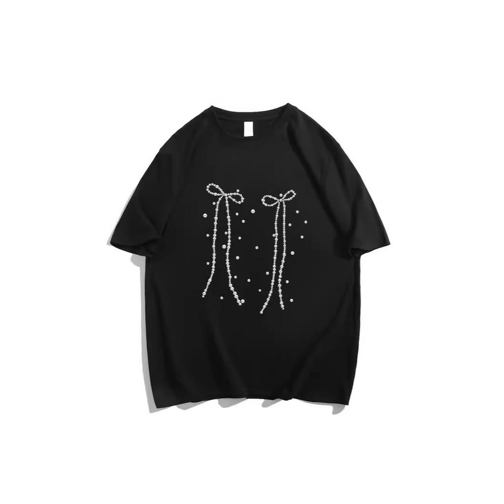 Large size loose cotton short-sleeved t-shirt women's new spring and summer fat mm meat covering and thin black bow trendy