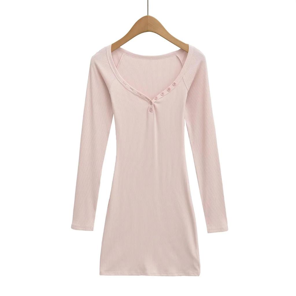 Women's Spicy American Sweetheart Neck Long Sleeve Button Bodycon Dress for Spring/Autumn