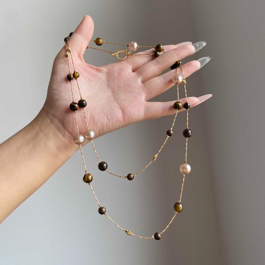 High-End Retro Tiger Eye Pearl Sweater Necklace for Women