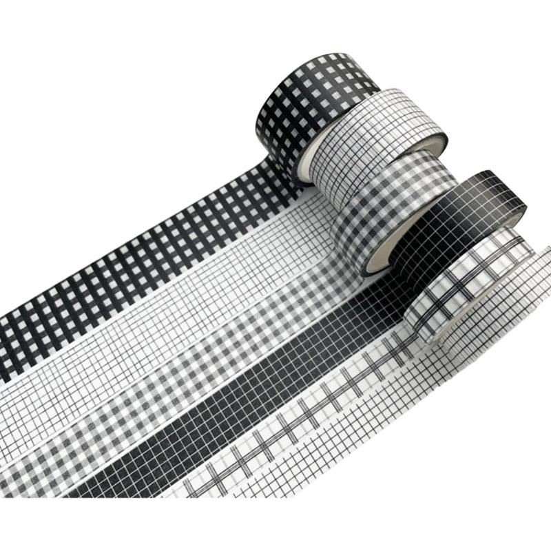 6Rolls Gridded Decorative Tape Scrapbooking Decorative Tape for Journaling Notebook Planner Wrapping 5Meter Per Roll