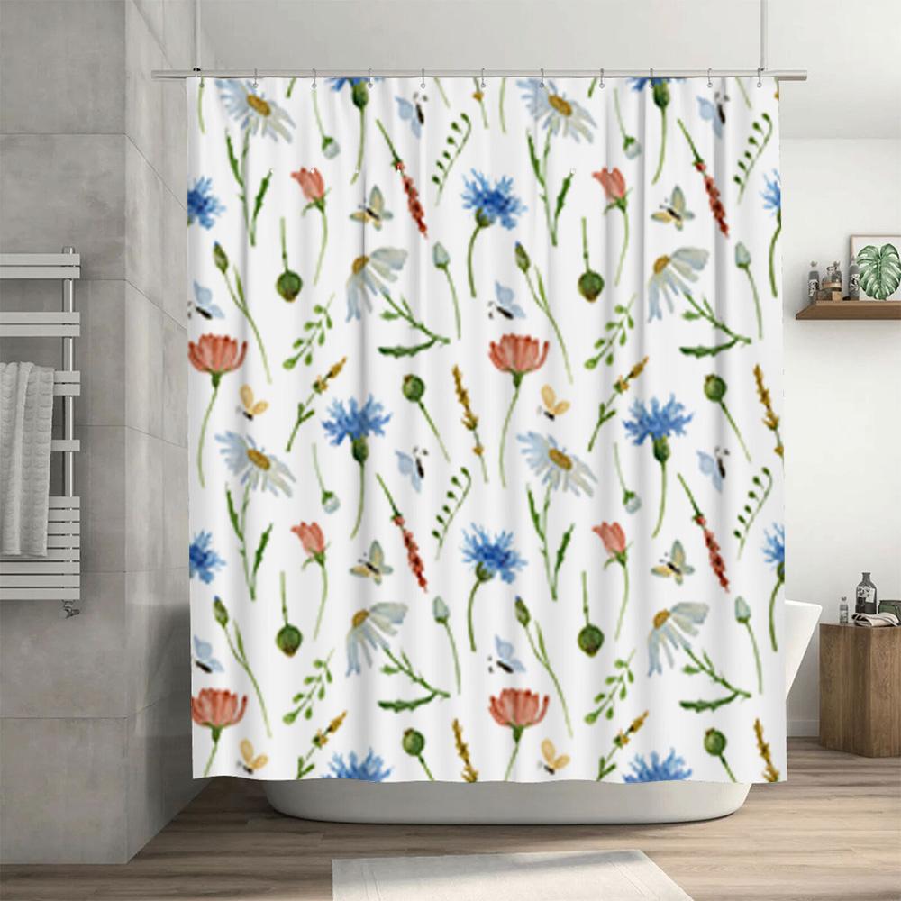 Watercolor Flowers Shower Curtain White Fabric with Blue Red Purple Pink Daisies Butterflies Green Grass 3D Waterproof for Bathr