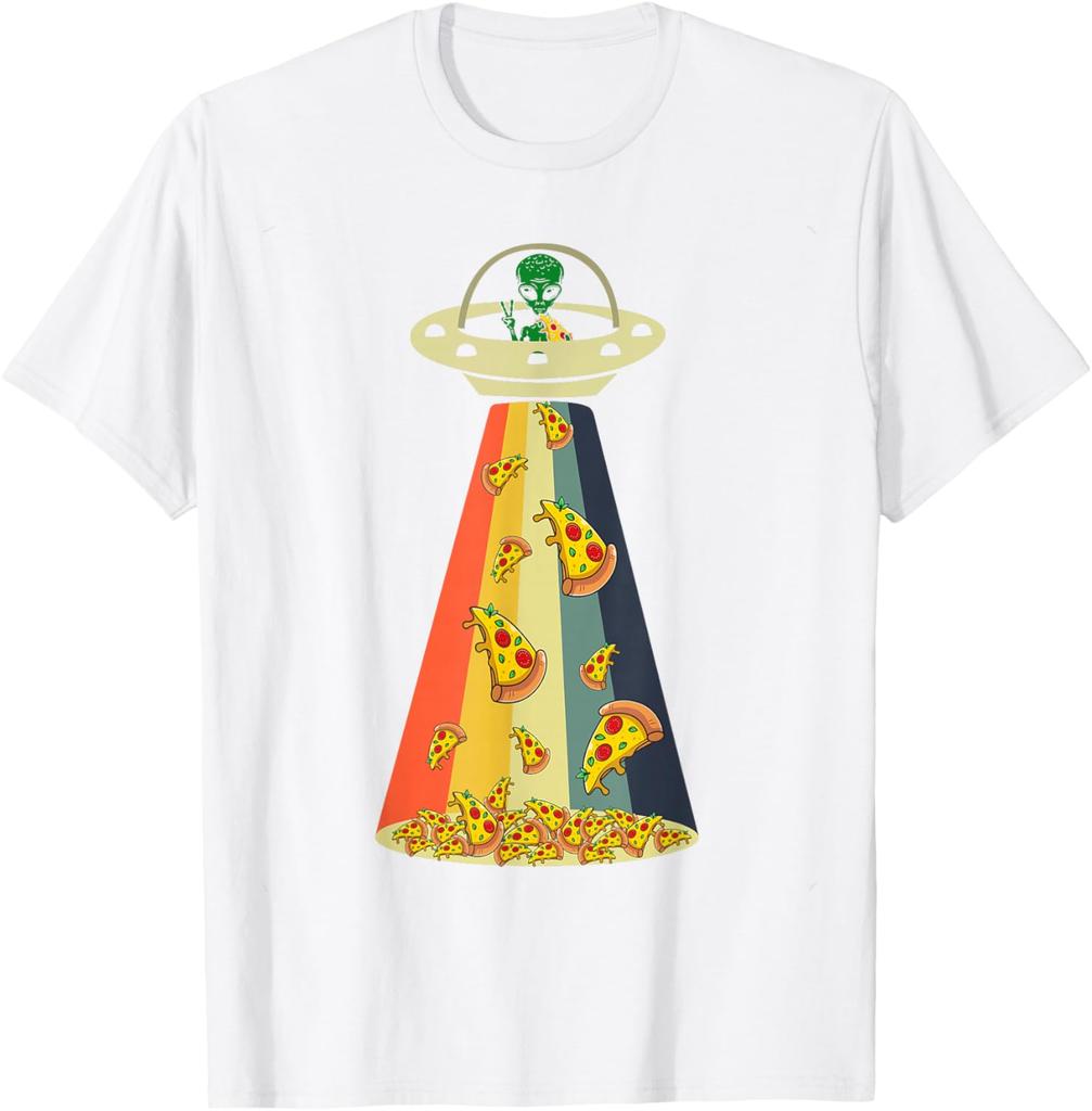 Pizza UFO Alien Abduction Graphic Retro Rainbow Light T-Shirt Funny Casual Cotton Tee