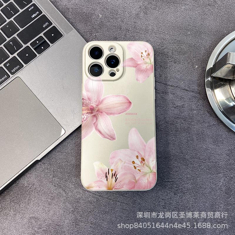 Pink English Flower Applies To iPhone15 Mobile Phone Case 14PROMAX All-inclusive 13/11 Anti-drop 16/15 Protective Case 17