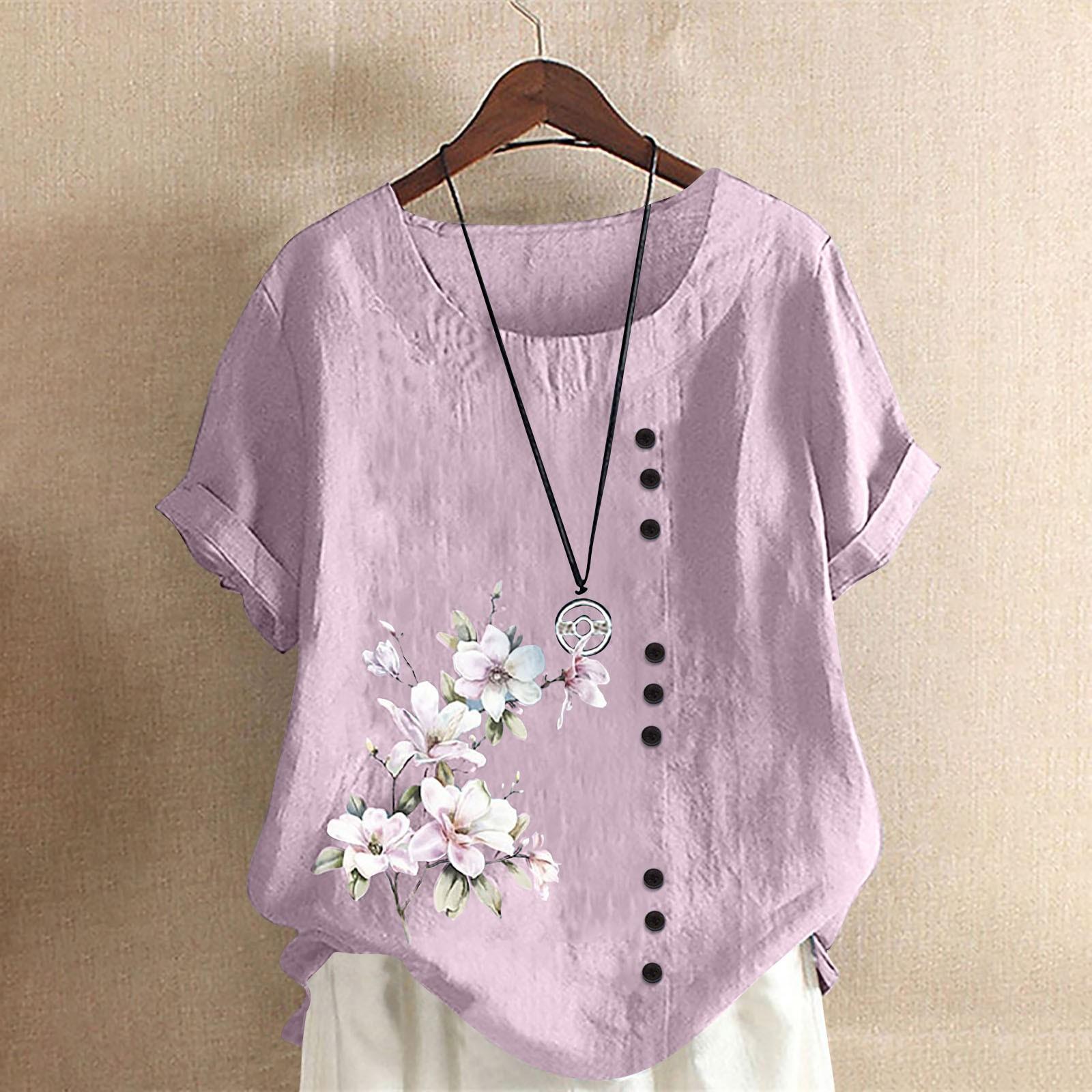 

Женская хлопково-льняная футболка с круглым вырезом, коротким рукавом и пуговицами, футболка с принтом XXXXXL светло-фиолетовый