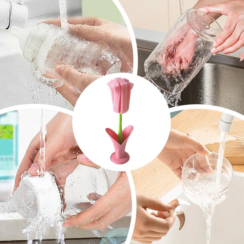 Glass Cleaning Brush Flower Household Cup Brush Long Handle Dish Scrubber Household Cleaning Tool For Wine Glass Travel Cup Pet