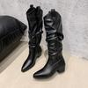 Women High Boots Pleated Knee High Heeles Shoes Sexy Pointed Toe Chunky Chelsea Boots 2025 Designer Winter New Pumps