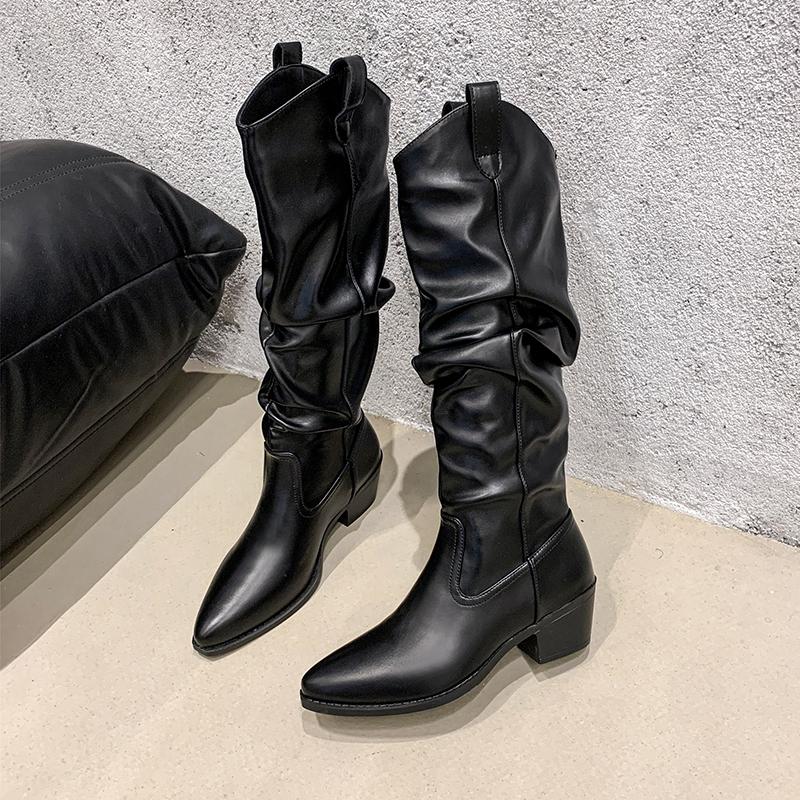 Women High Boots Pleated Knee High Heeles Shoes Sexy Pointed Toe Chunky Chelsea Boots 2025 Designer Winter New Pumps