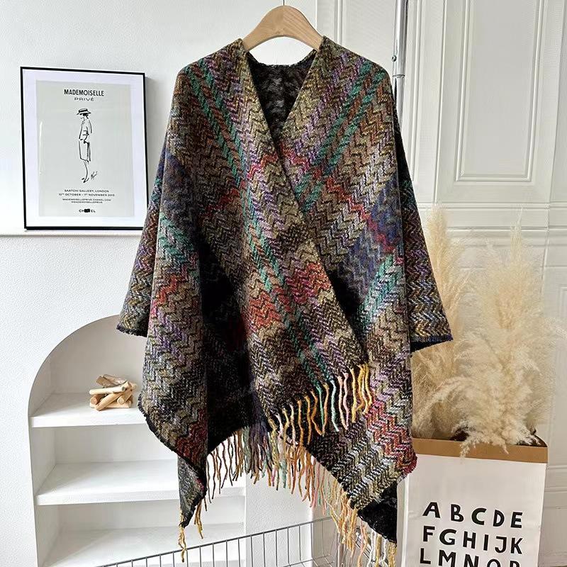 Ethnic Style Wavy Pattern Sleeved Knitted Shawl for Women in Autumn and Winter Thickened and Warm
