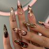 Press On Nails Gold Fake Nails Flower Glue On Nails with 3D Design Almond Stick On Nails Glossy Artificial Acrylic Full Cover False Nails for Women