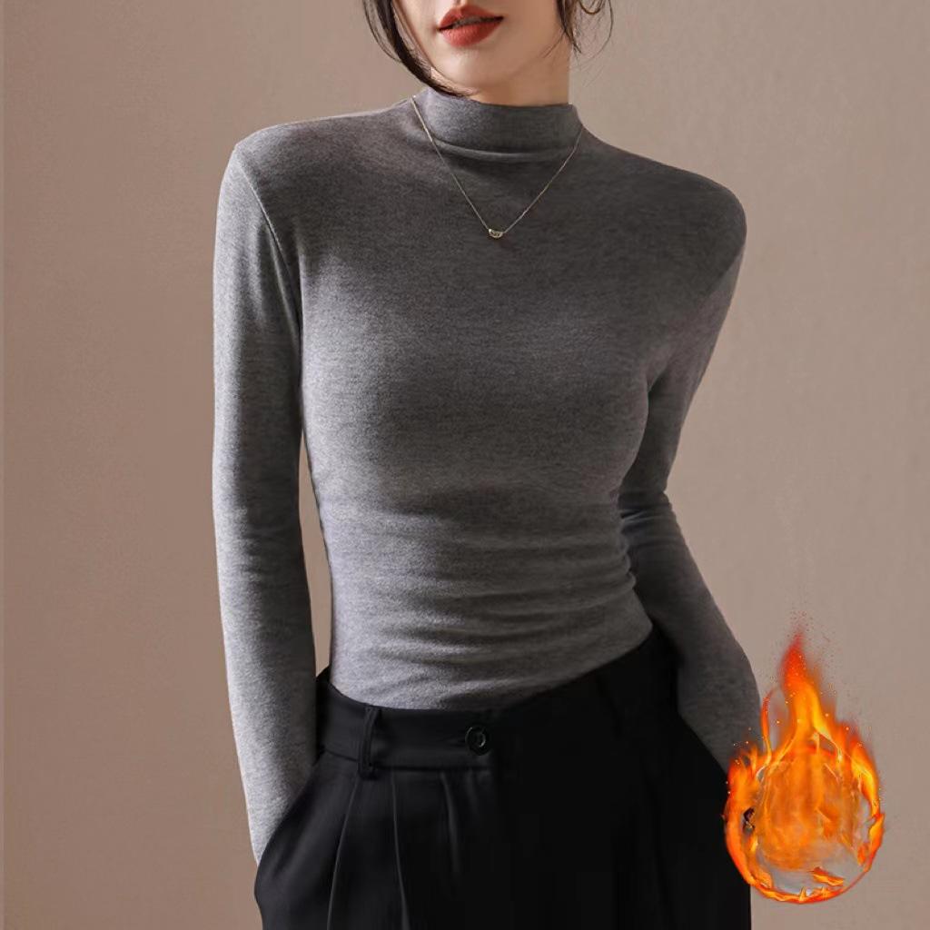 Autumn and Winter Semi High Neck Pleated Thick Warm Long Sleeved T-shirt Women's Slim Fit Versatile Long Sleeved Base Shirt