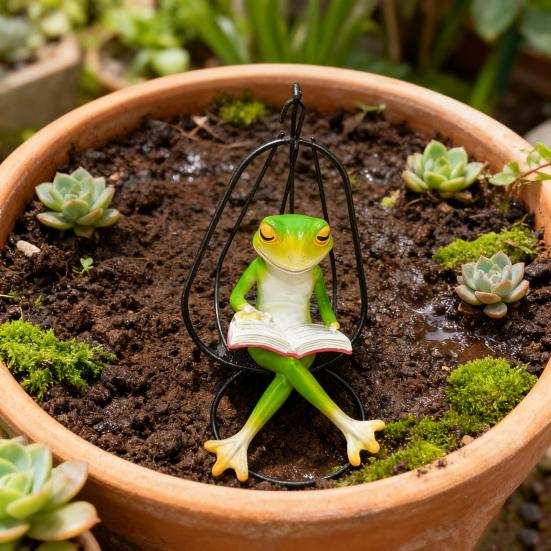 Hammock Chair Reading Frog Statue Cartoon Green Frog Figurine Resin Miniature Animal Sculpture Indoor