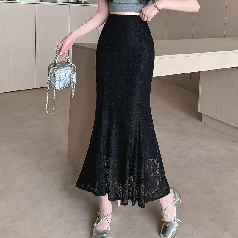 Lace Hollow Fishtail Skirt Women s Skirt High Waist Elastic Waist Bag Hip A-Line Skirt Draped Long Skirt L